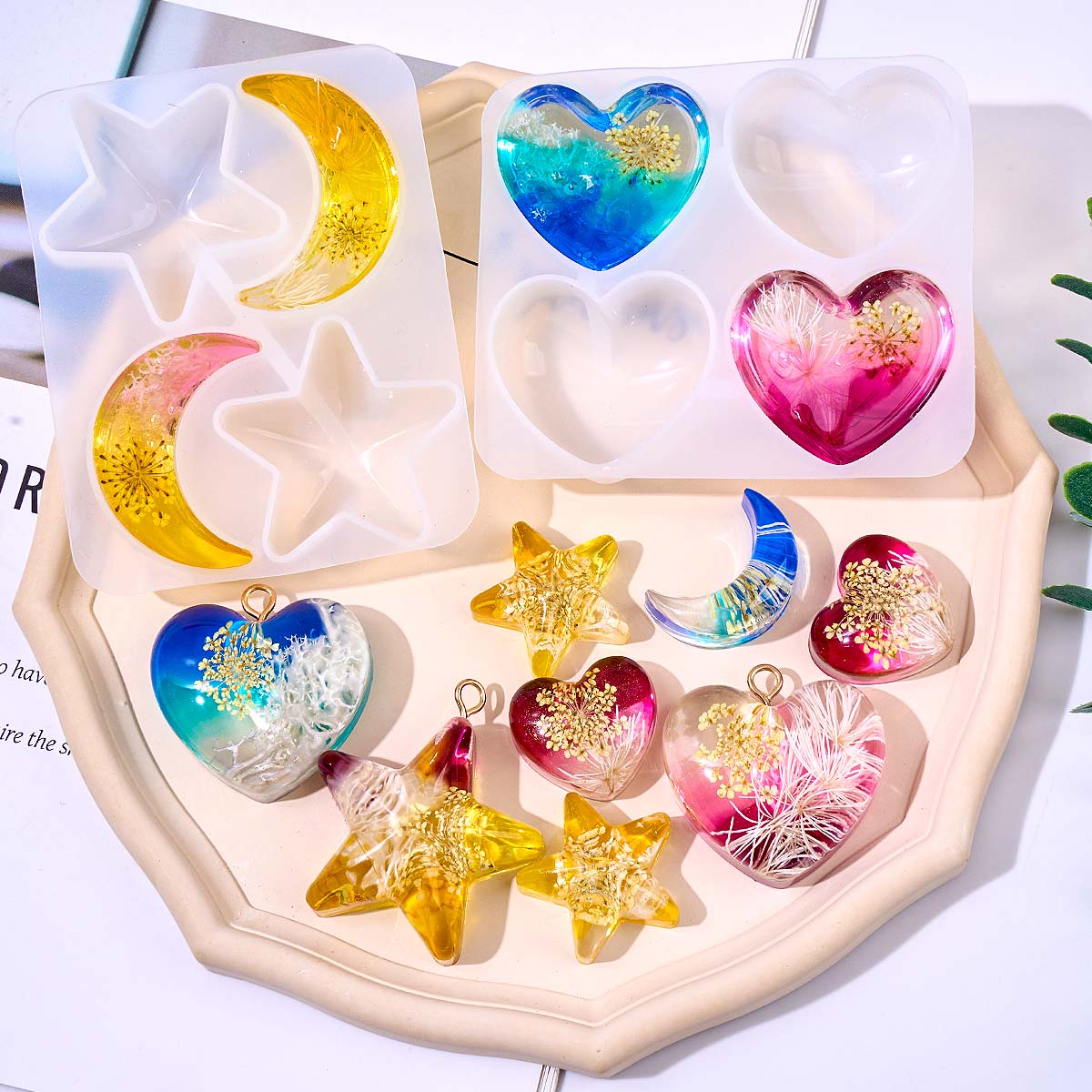 Resin Art Acrylic - قالب سيليكون على شكل قلب ونجمة